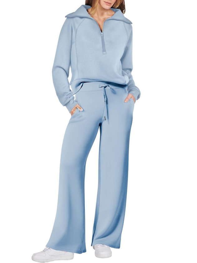 Women Plain Two-Piece Set Daily Long Sleeve Casual Spring/Fall Top With Pants Matching Set