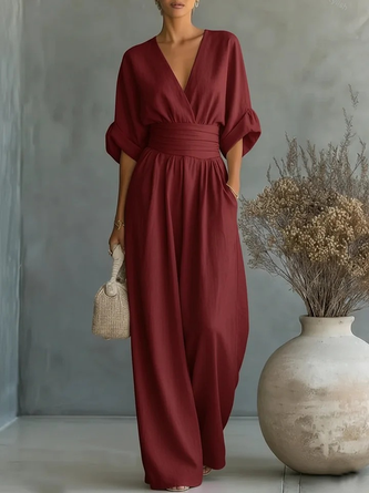 Women Plain V Neck Half Sleeve Casual Summer Cotton-Blend Jumpsuit