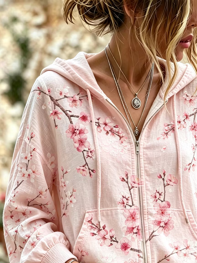 Women Spring/Fall Outerwear Casual Printing Floral Long Sleeve Hoodie Jacket