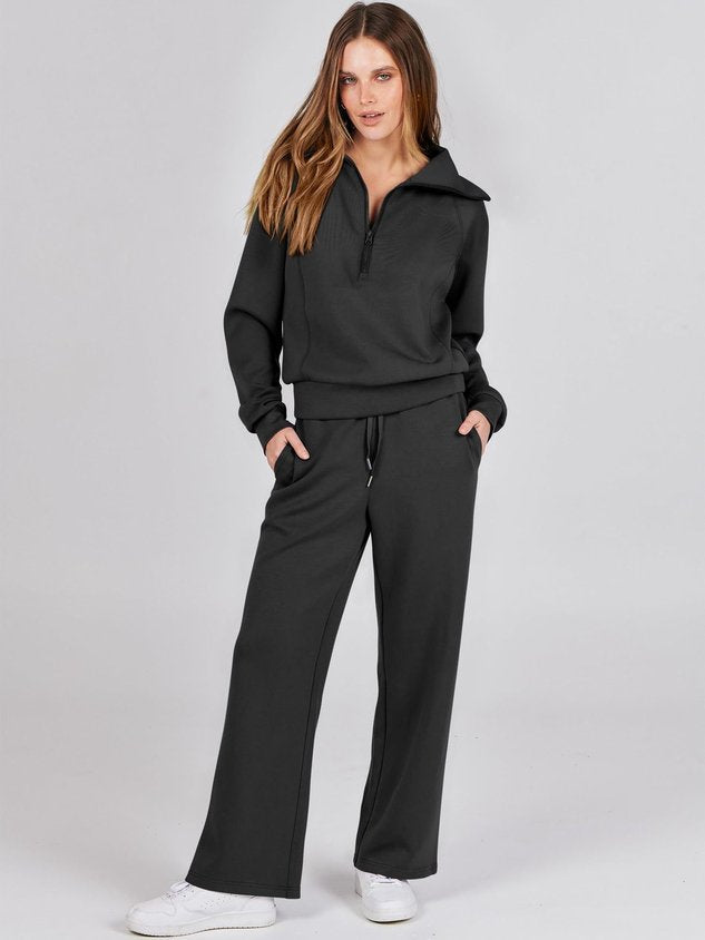 Women Plain Two-Piece Set Daily Long Sleeve Casual Spring/Fall Top With Pants Matching Set