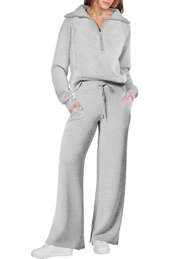 Women Plain Two-Piece Set Daily Long Sleeve Casual Spring/Fall Top With Pants Matching Set