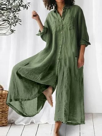 Women Plain Shawl Collar Long Sleeve Casual Spring/Fall Cotton-Blend Jumpsuit