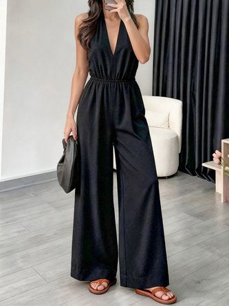 Women Plain V Neck Sleeveless Casual Summer Jumpsuit